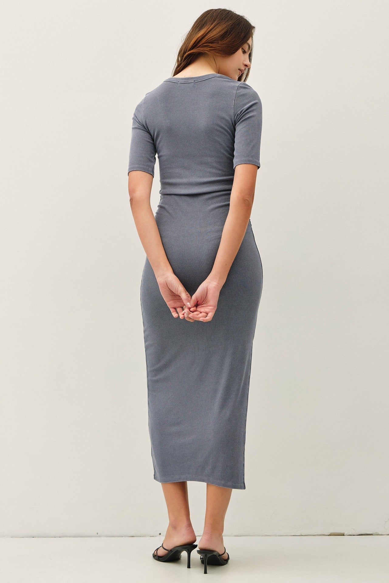 Slate Ruched Short Sleeve Side Slit Midi Dress