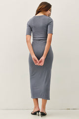 Slate Ruched Short Sleeve Side Slit Midi Dress
