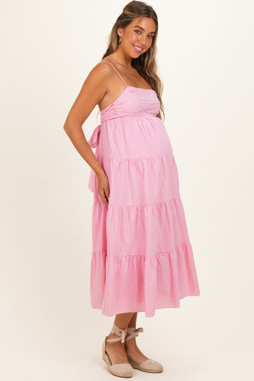 Light Pink Tiered Bow Detail Maternity Midi Dress