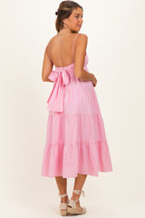 Light Pink Tiered Bow Detail Maternity Midi Dress