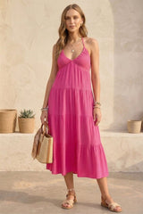 Pink Halter Cutout Maternity Midi Dress