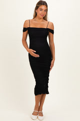 Black Ruched Mesh Off Shoulder Maternity Midi Dress