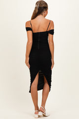 Black Ruched Mesh Off Shoulder Maternity Midi Dress