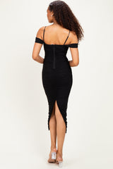 Black Ruched Mesh Off Shoulder Midi Dress