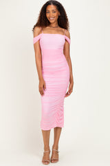 Baby Pink Ruched Mesh Off Shoulder Midi Dress