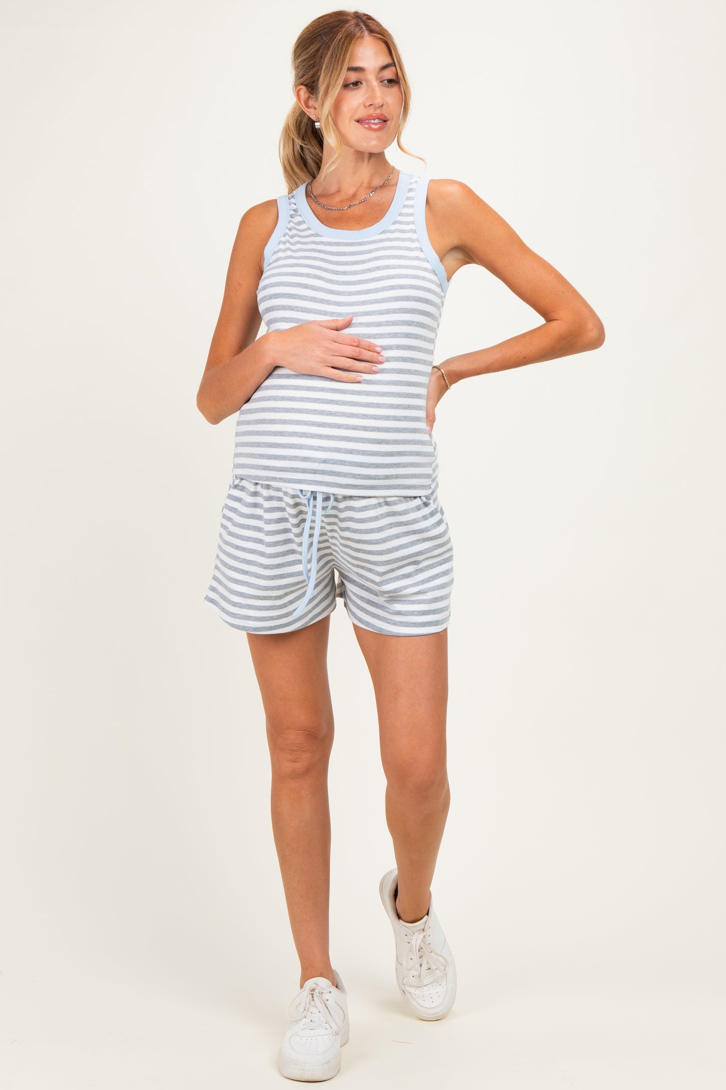 Heather Grey Striped Solid Trim Tank Short Maternity Set