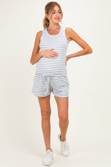 Heather Grey Striped Solid Trim Tank Short Maternity Set