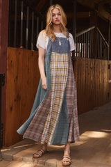 Denim Plaid Colorblock Overall Maternity Dress