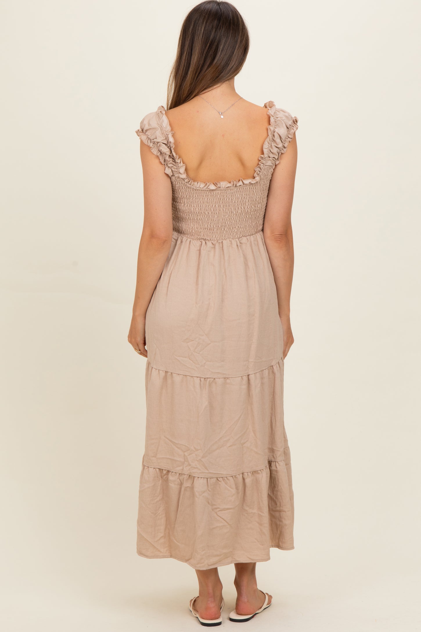 Natural Smocked Tiered Ruffle Detail Maternity Dress