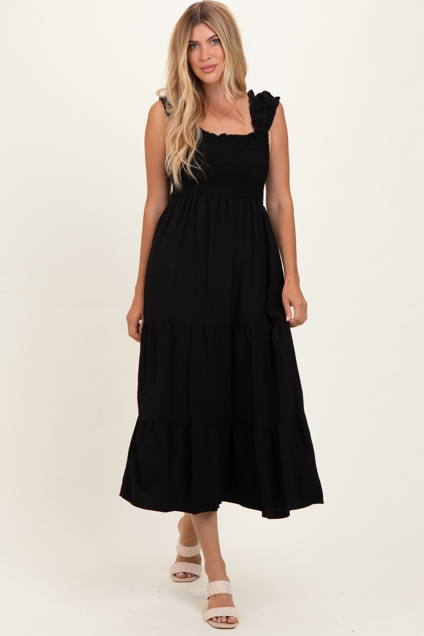 Black Smocked Tiered Ruffle Detail Dress