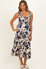 Navy Floral Smocked Tiered Maternity Midi Dress