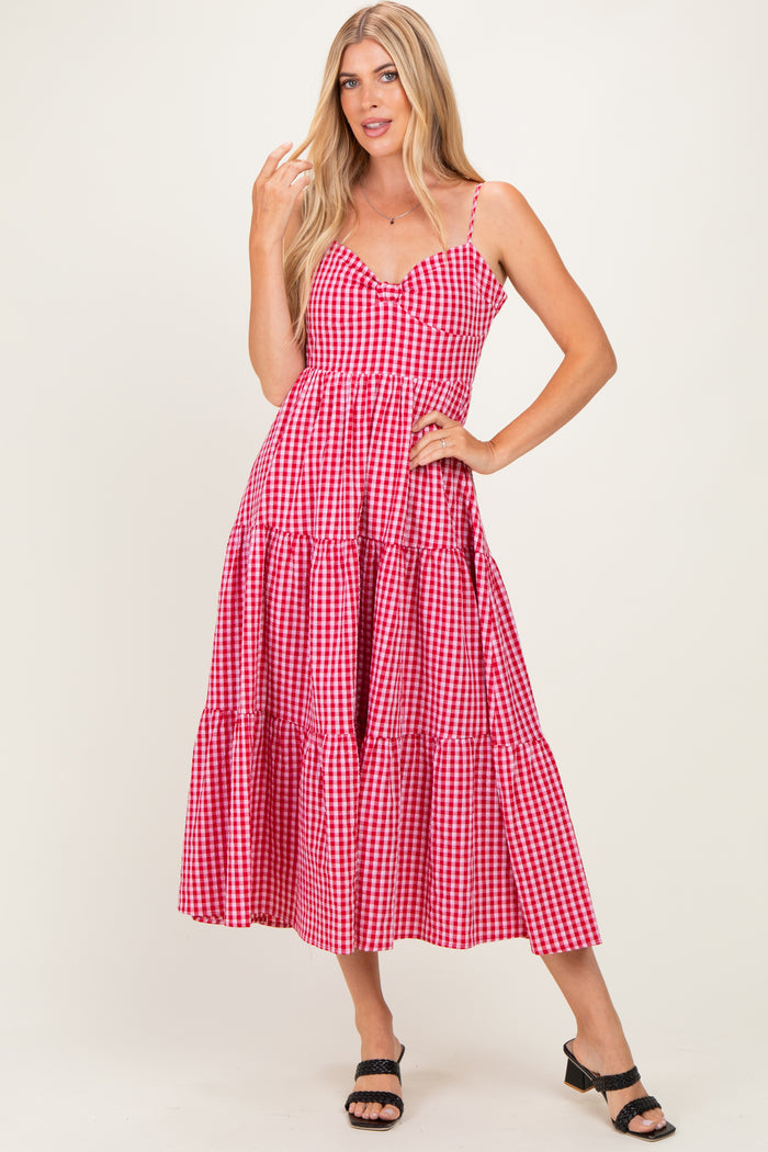 Red Gingham Cutout Tie Back Tiered Maternity Maxi Dress