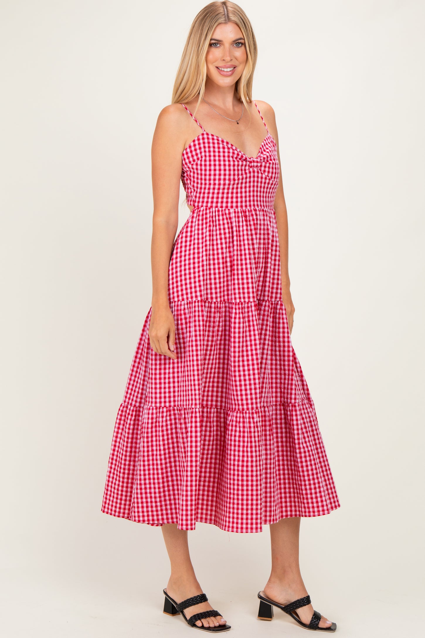 Red Gingham Cutout Tie Back Tiered Maxi Dress