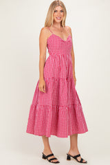 Red Gingham Cutout Tie Back Tiered Maxi Dress