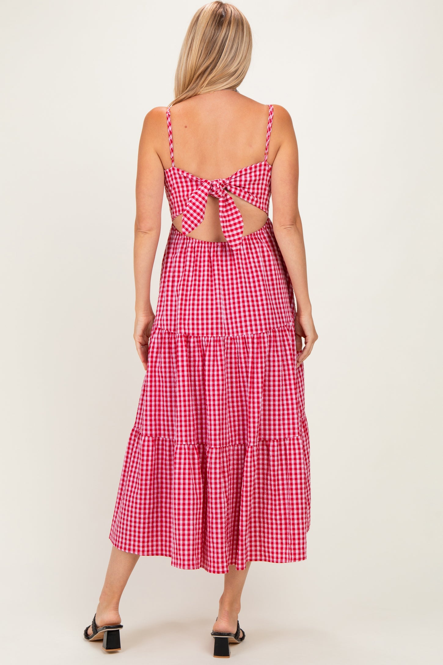 Red Gingham Cutout Tie Back Tiered Maxi Dress