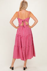 Red Gingham Cutout Tie Back Tiered Maxi Dress