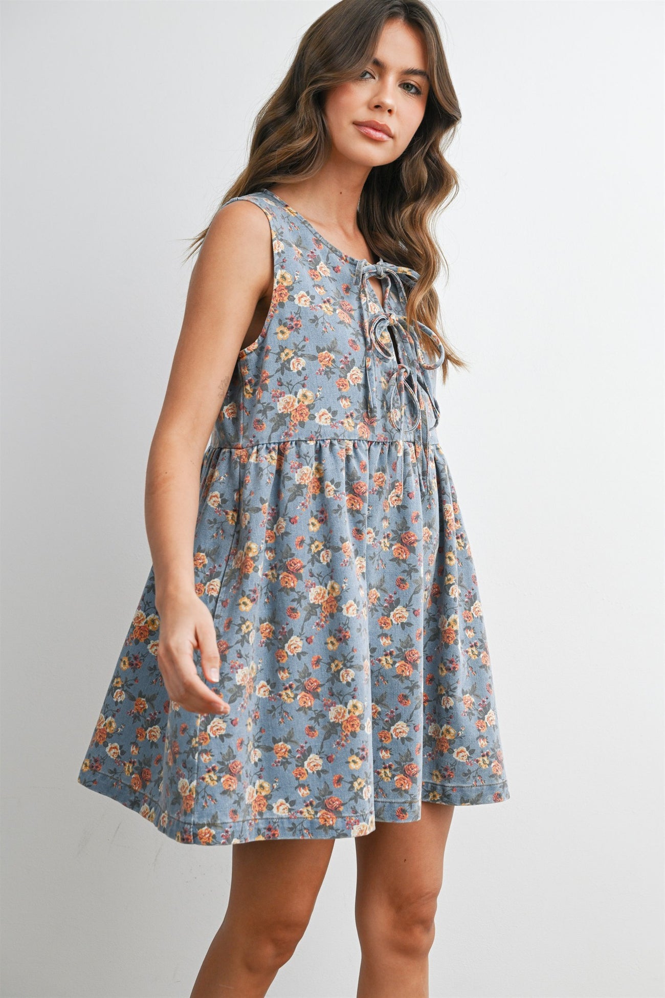 Light Denim Floral Tie Front Mini Dress