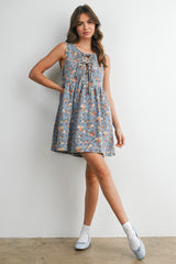 Light Denim Floral Tie Front Mini Dress
