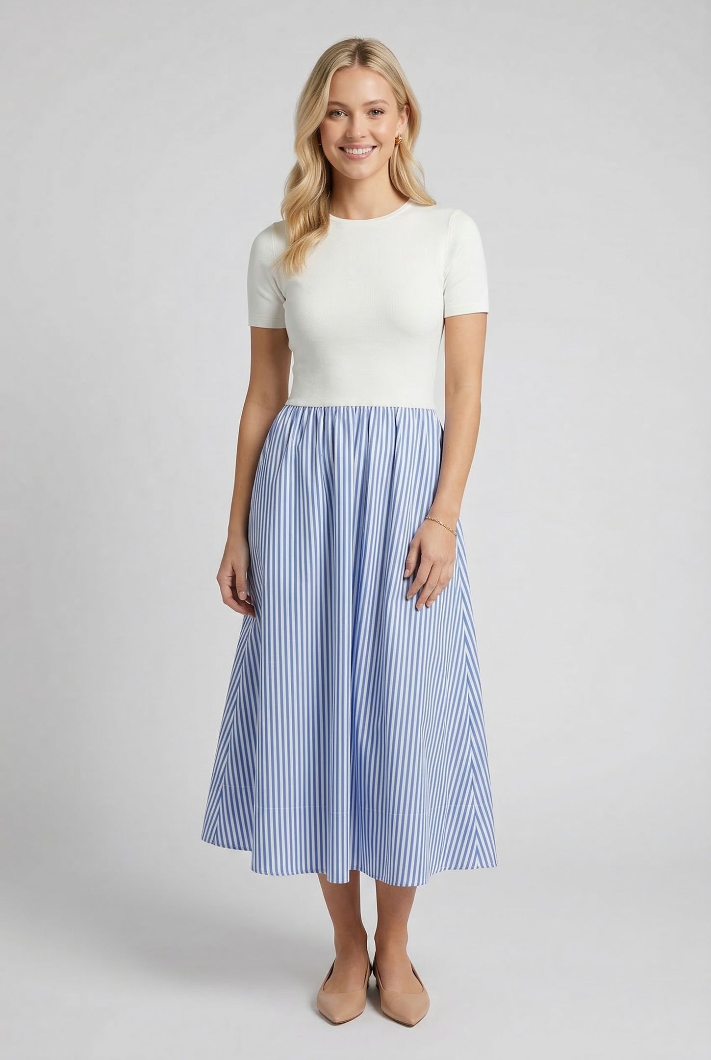 Ivory Blue Colorblock Striped Skirt Maternity Dress
