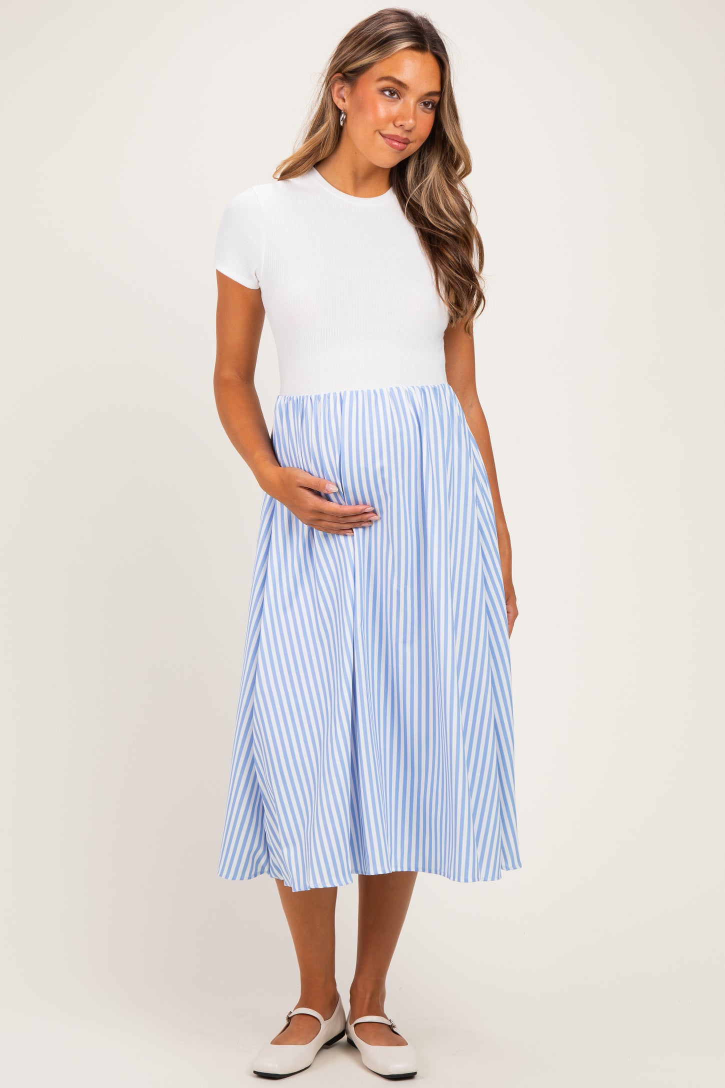 Ivory Blue Colorblock Striped Skirt Maternity Dress