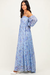 Blue Off Shoulder Long Sleeve Maxi Dress