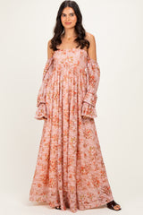 Peach Off Shoulder Long Sleeve Maxi Dress