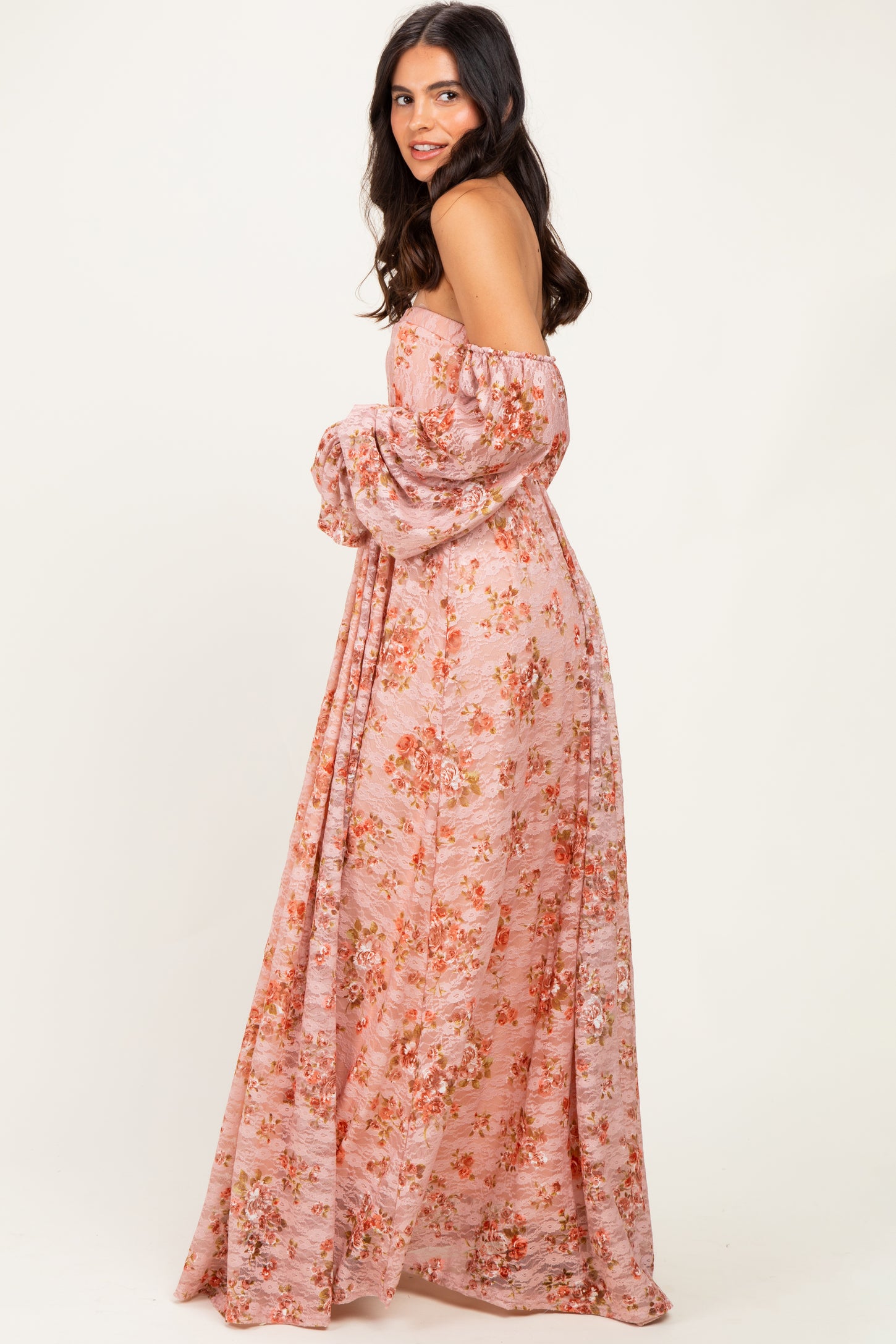 Peach Off Shoulder Long Sleeve Maxi Dress