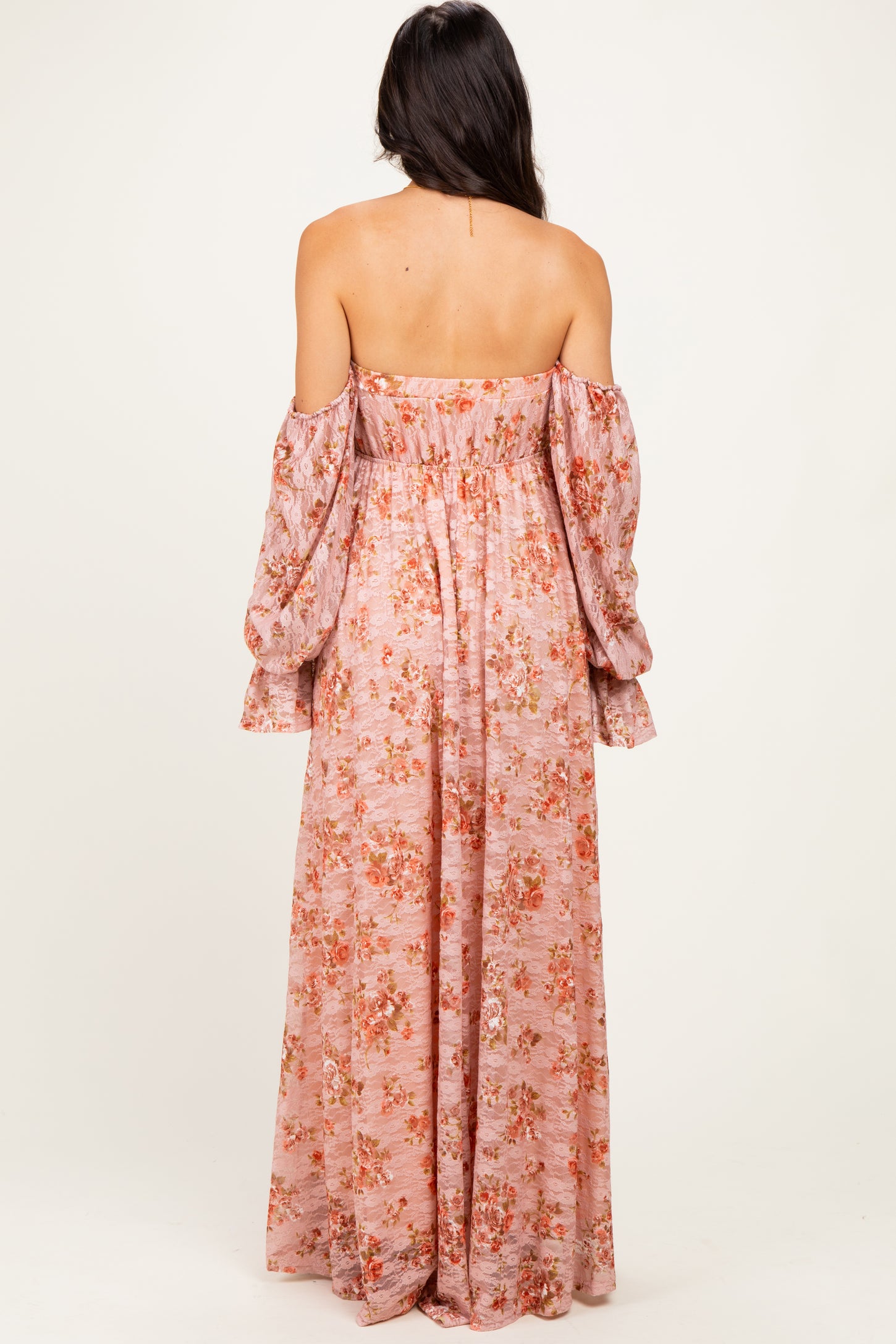 Peach Off Shoulder Long Sleeve Maxi Dress