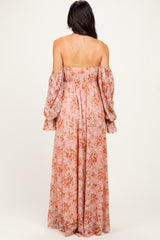 Peach Off Shoulder Long Sleeve Maxi Dress
