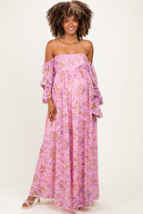 Pink Off Shoulder Long Sleeve Maternity Maxi Dress