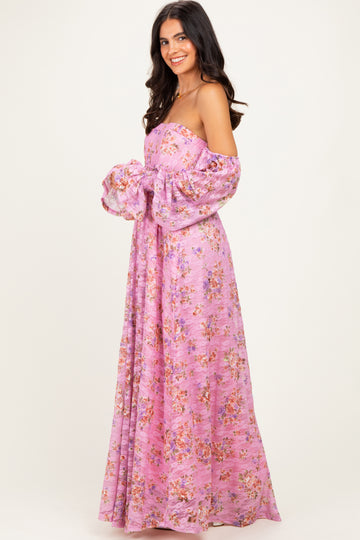 Pink Off Shoulder Long Sleeve Maxi Dress