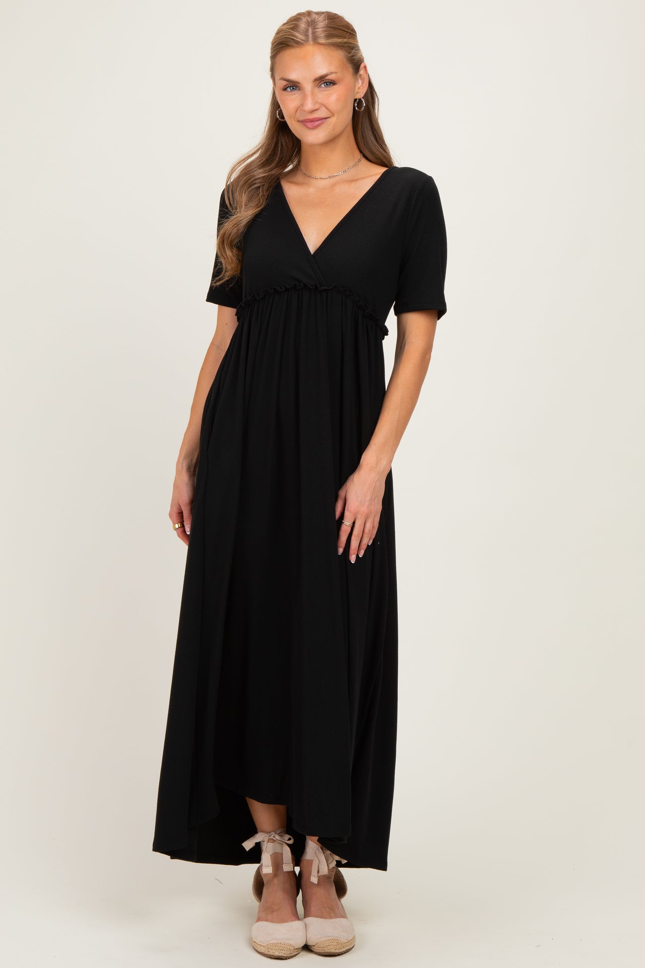 Black Short Sleeve V-Neck Maternity Maxi Dress