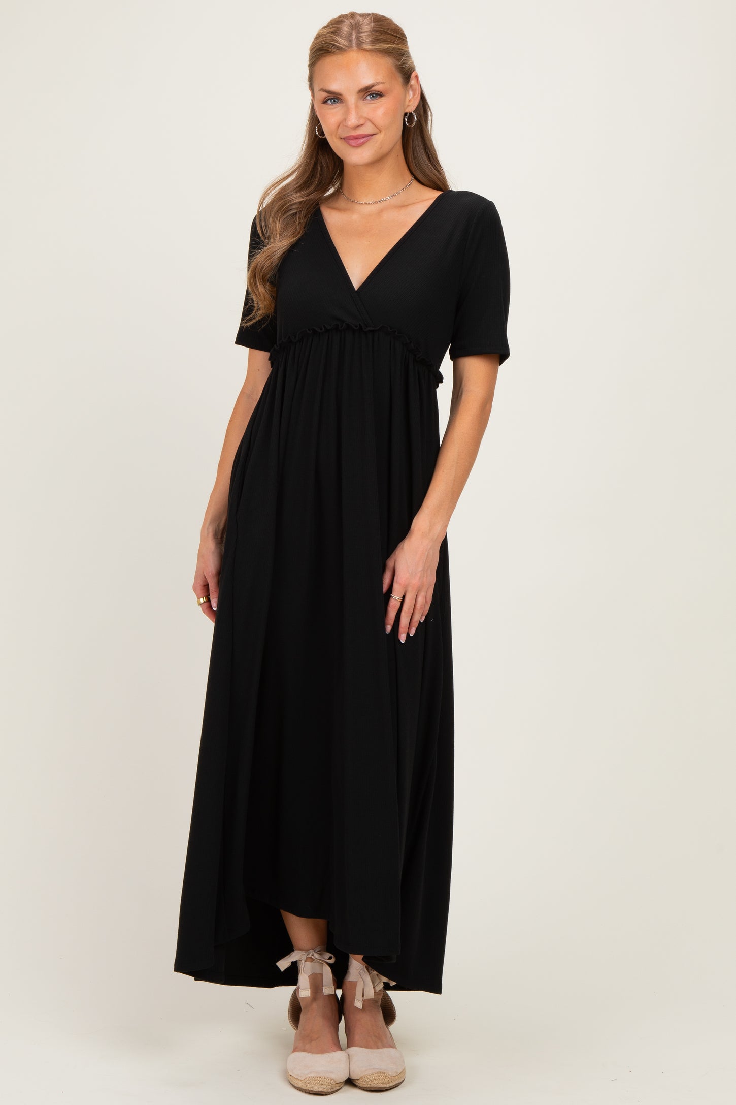Black Short Sleeve V-Neck Maternity Maxi Dress