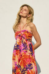 Sunset Tropical Print Halter Maxi Dress