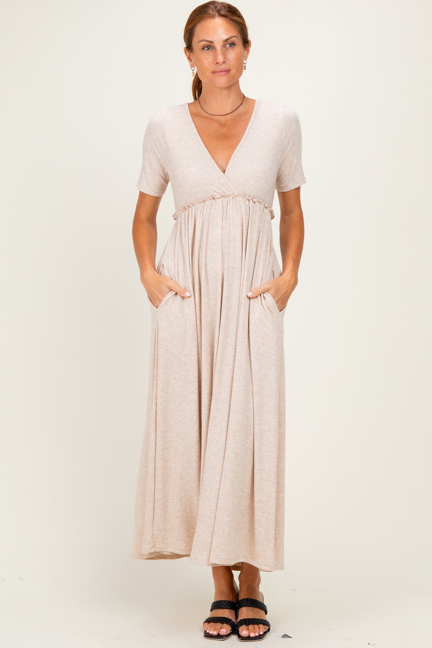 Oatmeal Short Sleeve V-Neck Maxi Dress