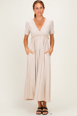 Oatmeal Short Sleeve V-Neck Maxi Dress