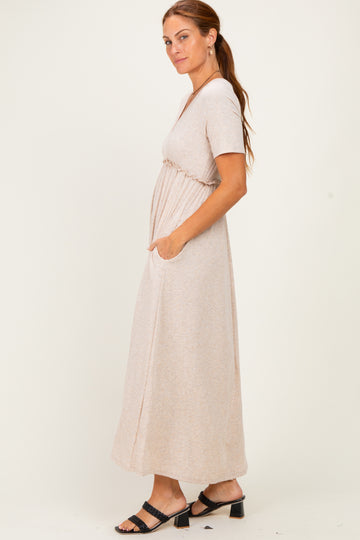 Oatmeal Short Sleeve V-Neck Maxi Dress