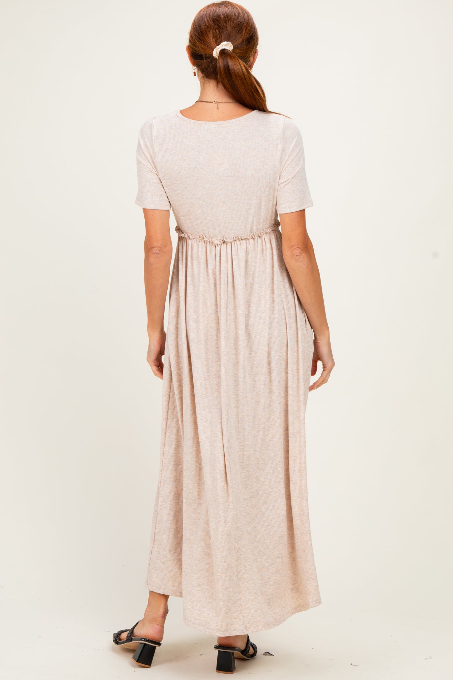 Oatmeal Short Sleeve V-Neck Maxi Dress