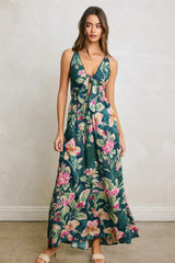 Deep Teal Floral Front Knot Open Back Maternity Maxi Dress