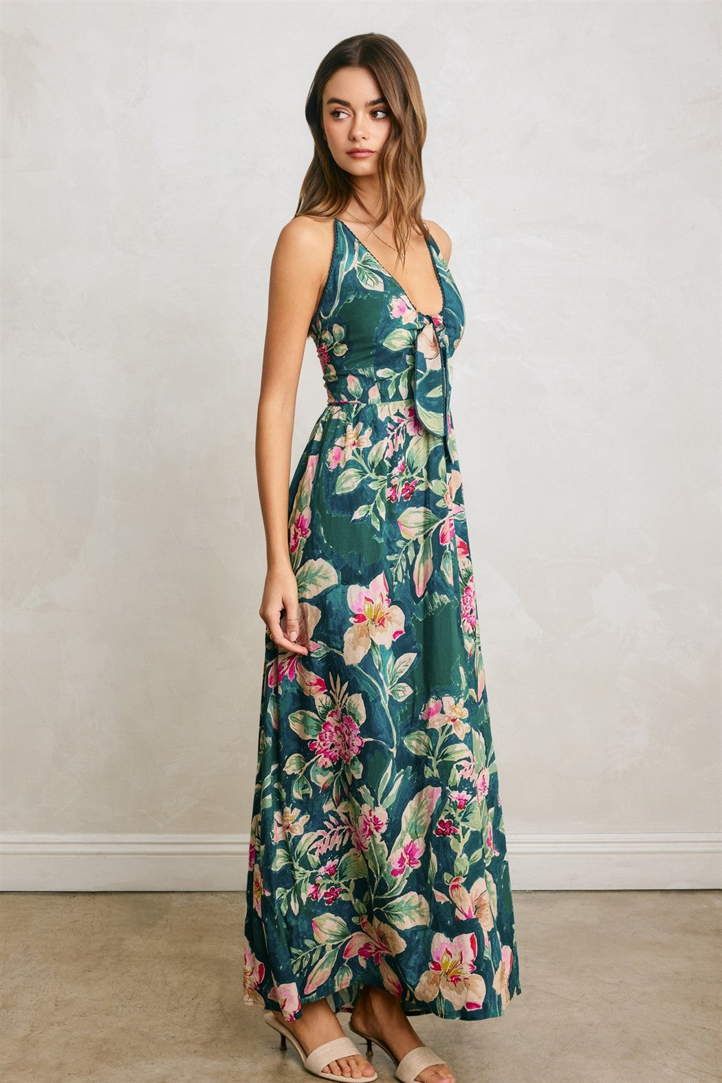 Deep Teal Floral Front Knot Open Back Maxi Dress