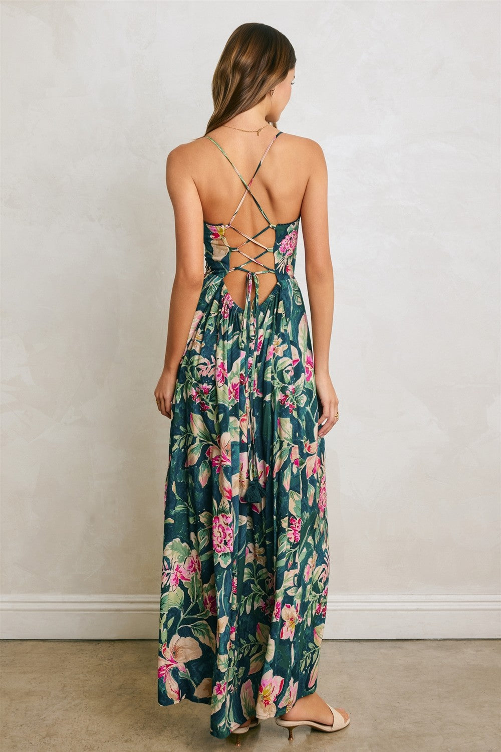 Deep Teal Floral Front Knot Open Back Maxi Dress