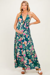 Deep Teal Floral Front Knot Open Back Maternity Maxi Dress