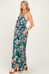 Deep Teal Floral Front Knot Open Back Maternity Maxi Dress