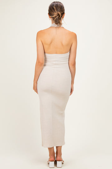 Cream Knit Halter Gold Ring Maternity Maxi Dress