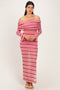 Pink Striped Sheer Knit Off Shoulder Maxi Dress