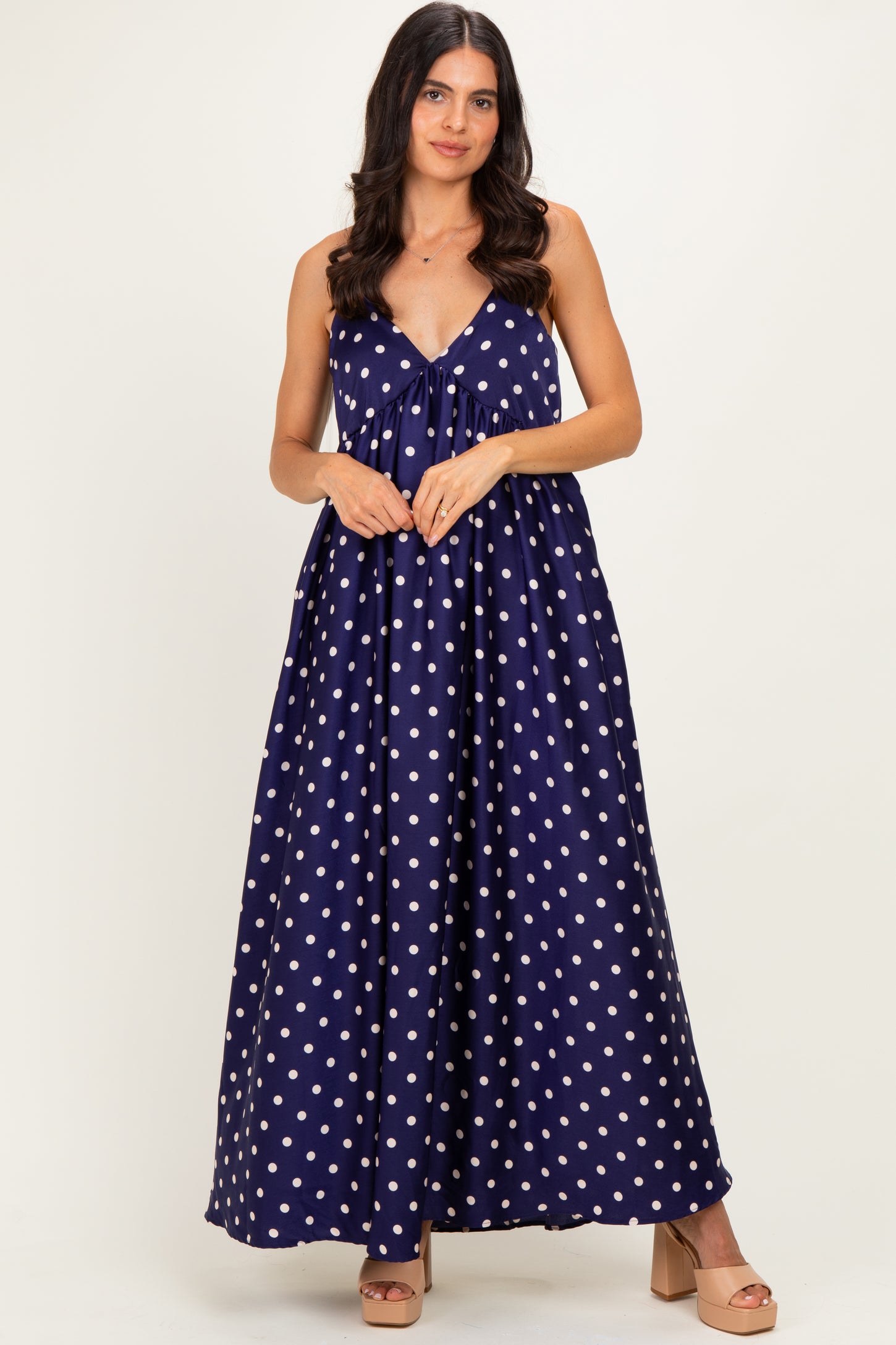 Navy/ Cream Polka Dot Sleeveless Maxi Dress