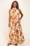 Camel Floral Pleated Halter Plus Maxi Dress