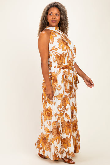 Camel Floral Pleated Halter Plus Maxi Dress