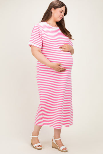 Pink Striped Scallop Trim Short Sleeve Maternity Plus Maxi Dress