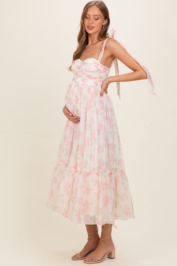 Pink Floral Chiffon Shoulder Tie Maternity Midi Dress